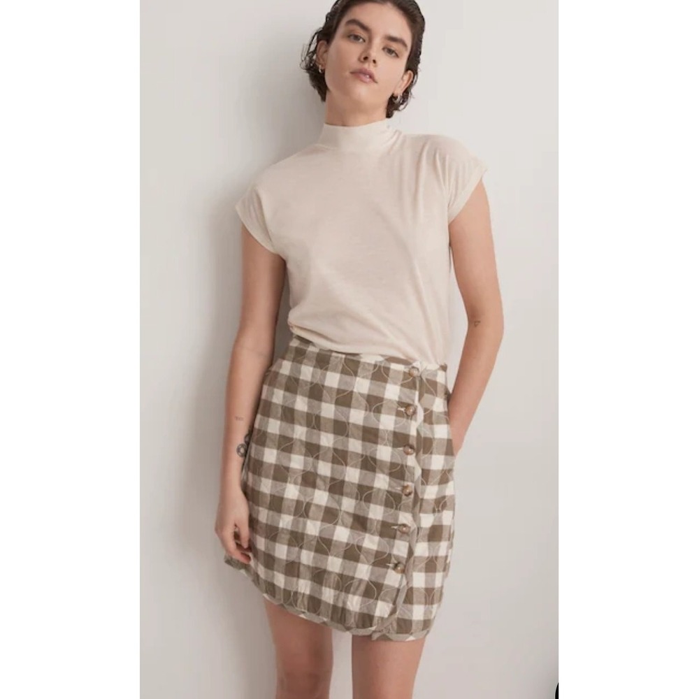 Madewell Quilted Flannel Mini skirt in Gingham Check Sz 14 Olive Classic Comfort